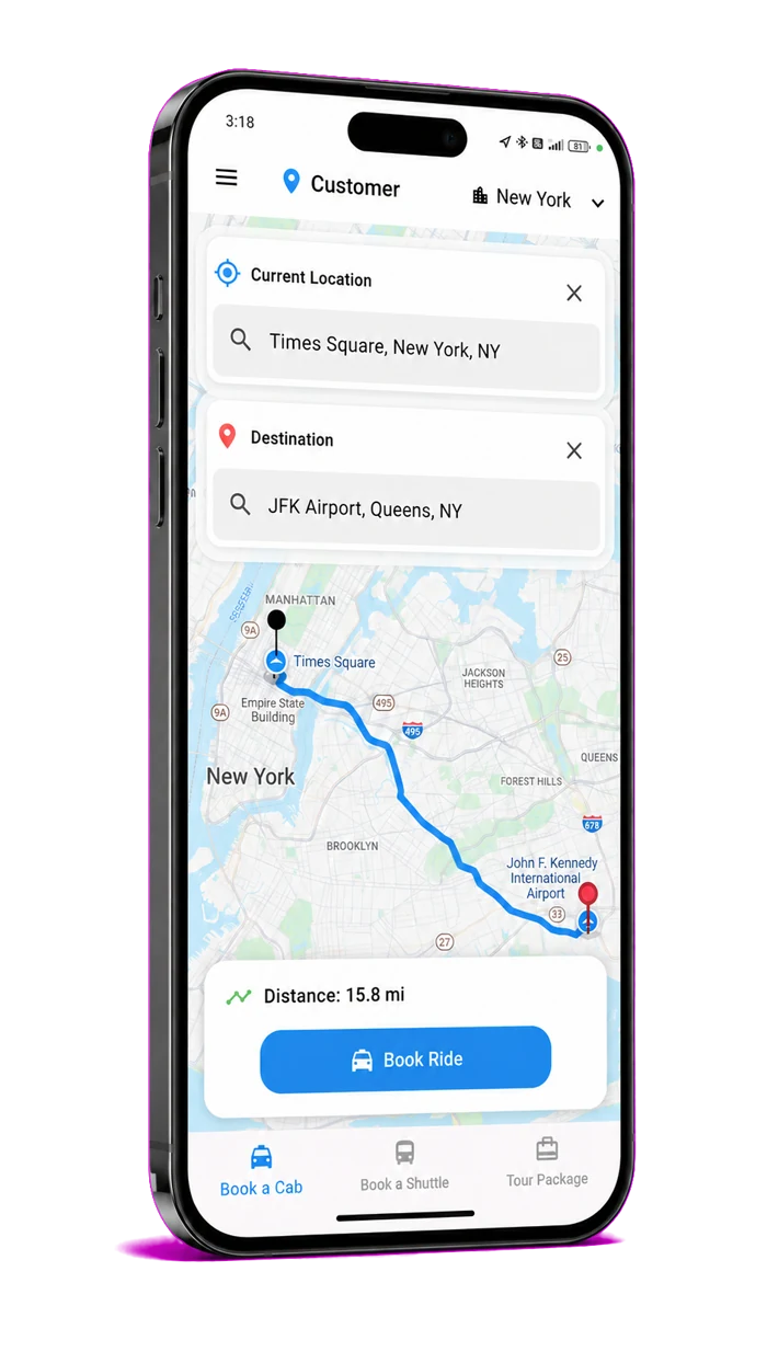 The XceedTrans passenger app on a phone, showing the ride booking screen
