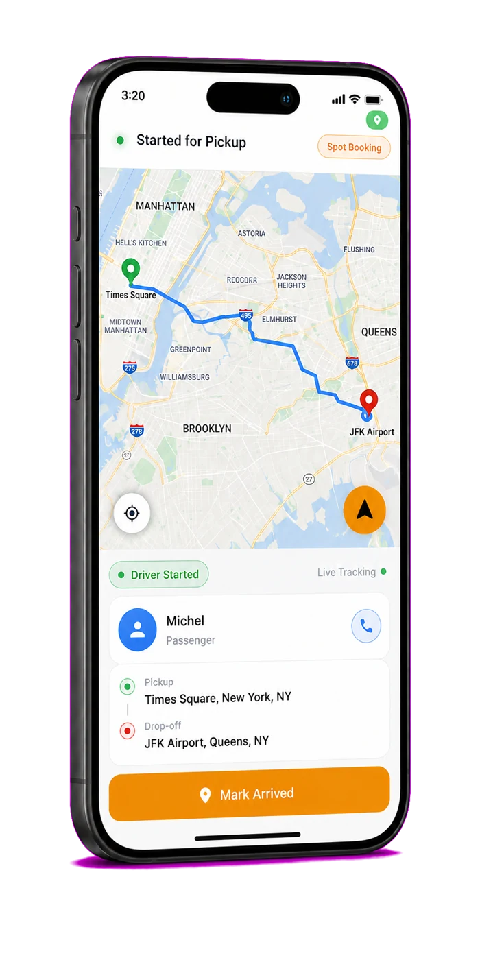 The XceedTrans driver app on a phone, showing a driver’s trip screen