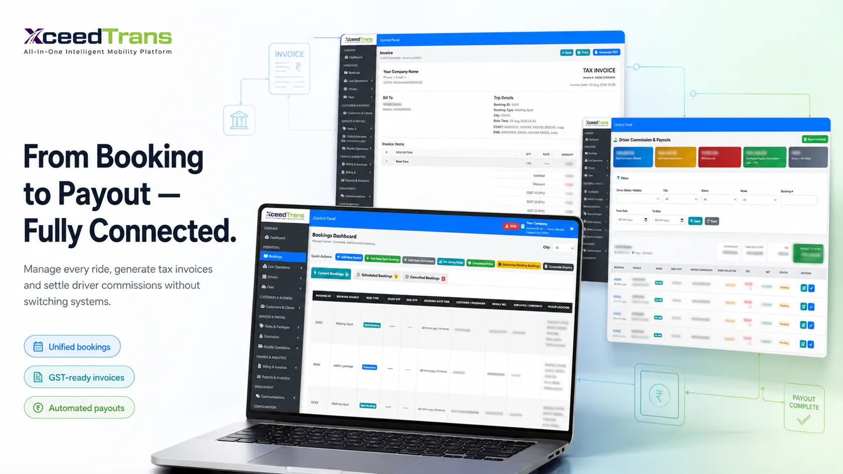 Connected booking management, tax invoicing and driver payout workflows