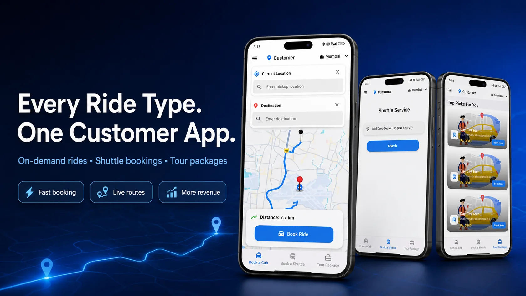 Every ride type in one customer app, including on-demand booking, shuttle bookings and tour packages