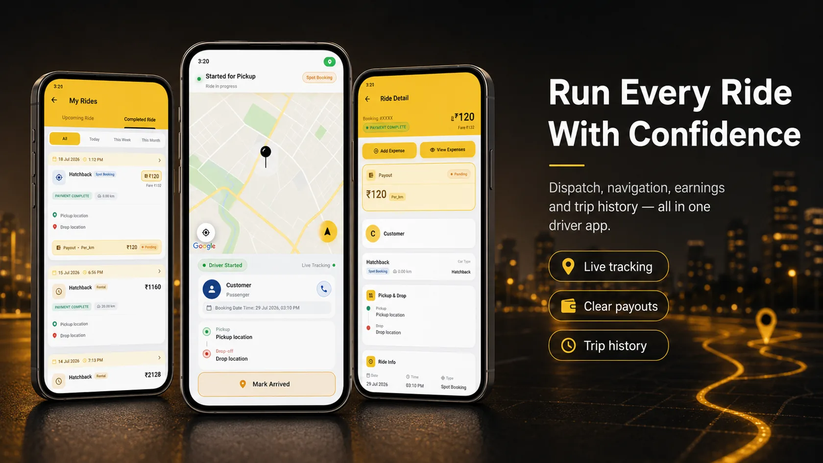 Driver app with live navigation, ride history and clear payouts