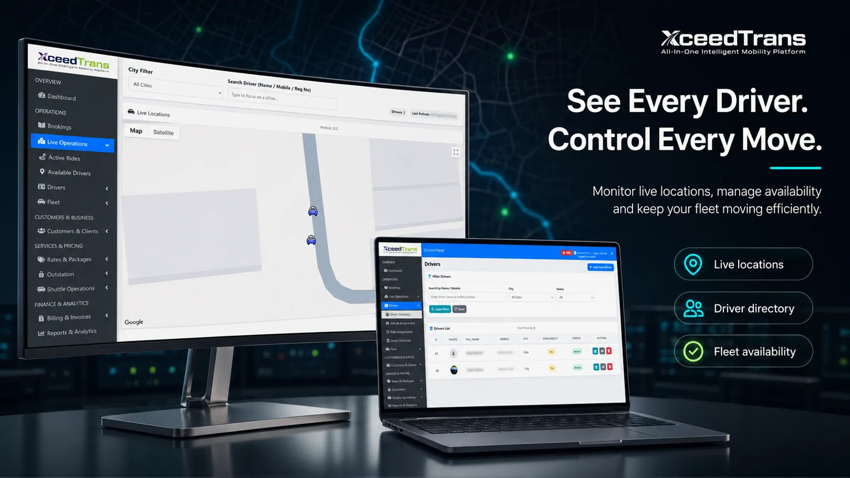 Live driver locations, driver directory and fleet availability controls