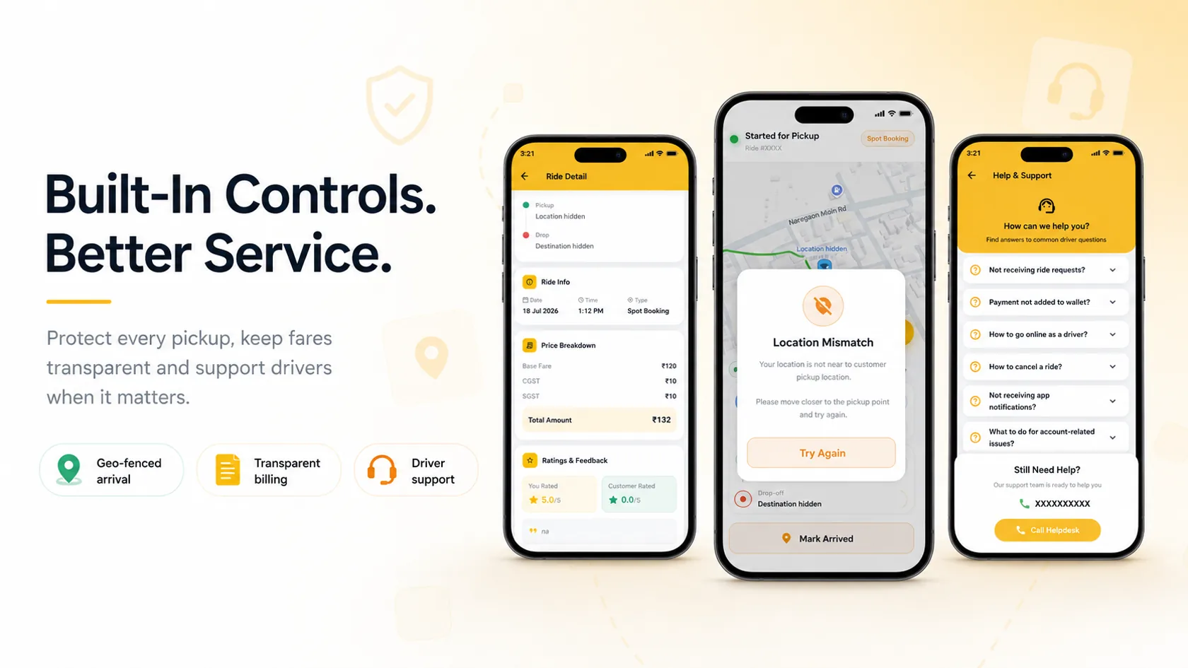 Geo-fenced arrival, transparent billing and in-app driver support