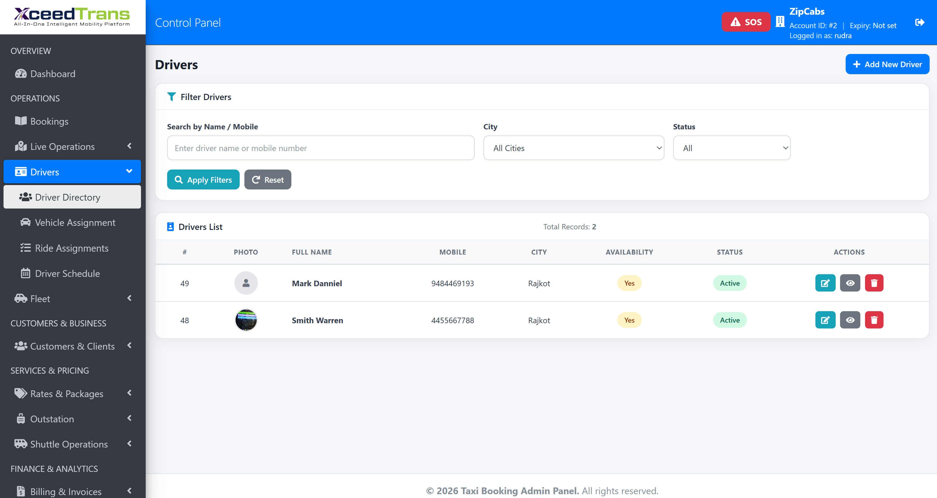 XceedTrans driver directory: a searchable driver list showing photo, mobile, city, availability and account status with per-driver actions