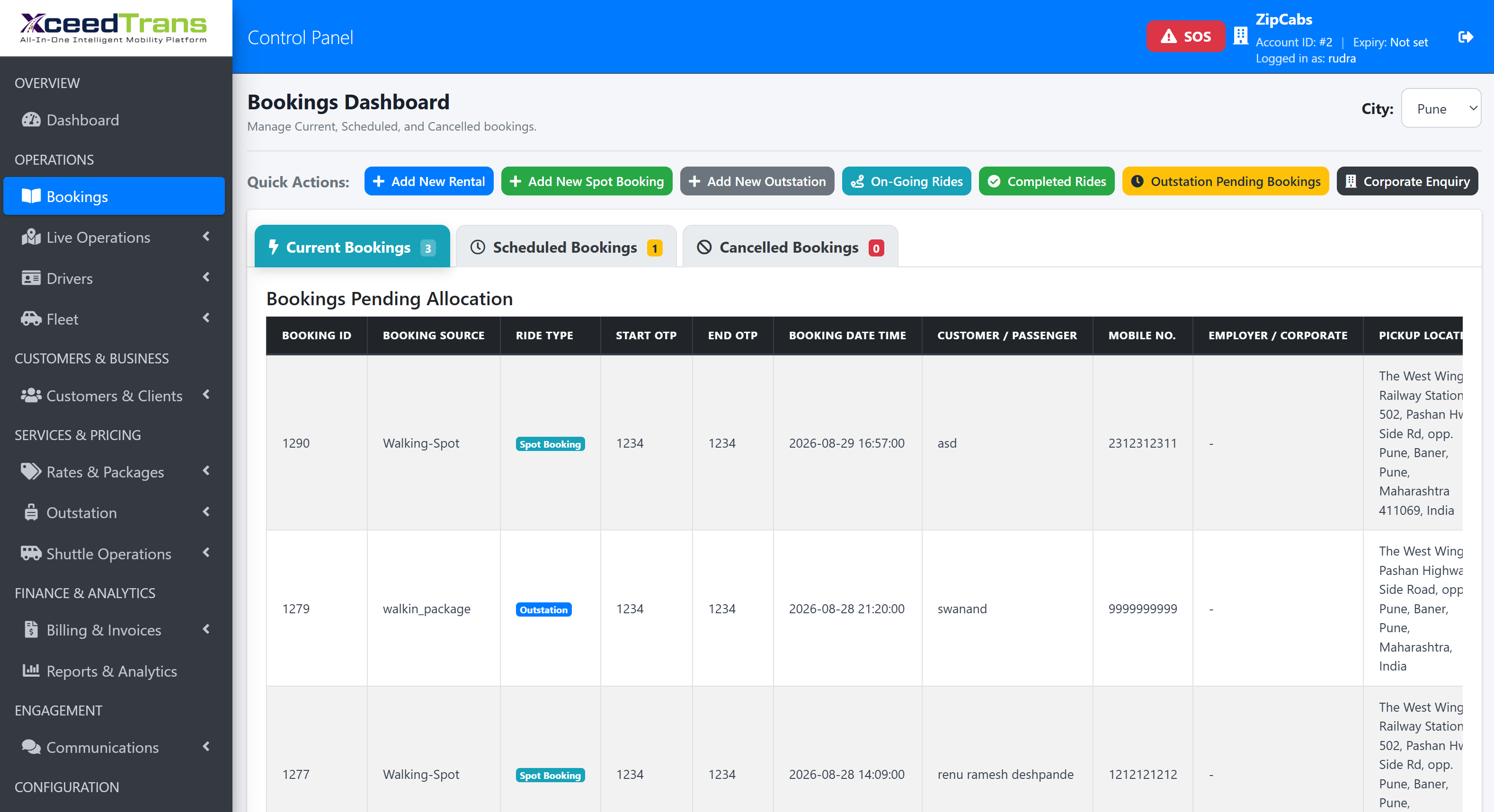 XceedTrans bookings dashboard: bookings pending allocation with ride type, OTPs, customer and pickup location, plus quick actions for new rental, spot and outstation bookings